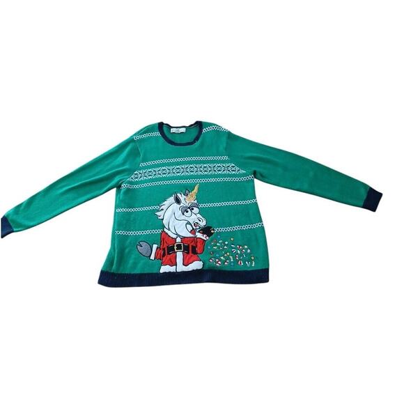 Ugly Unicorn Christmas Sweater Sz XXL Green Crazy Santa Sequins Fair Isle Whimsi - Picture 8 of 15